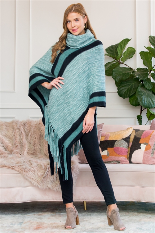 S2-6-4-HDF3001TQ TURQUOISE ULTRA SOFT TONE TURTLE NECK FRINGE PONCHO/6PCS(NOW $4.50 ONLY!)