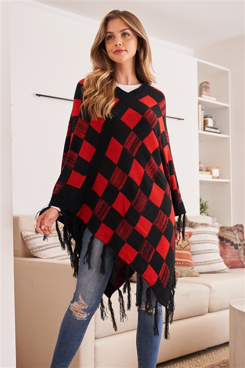 S20-1-2-HDF3002RD RED PLAID FRINGE PONCHO/6PCS