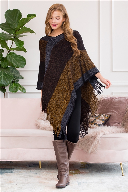 S2-8-3-HDF3004BKMU - BLACK MUSTARD THREE TONE FRINGE PONCHO/6PCS