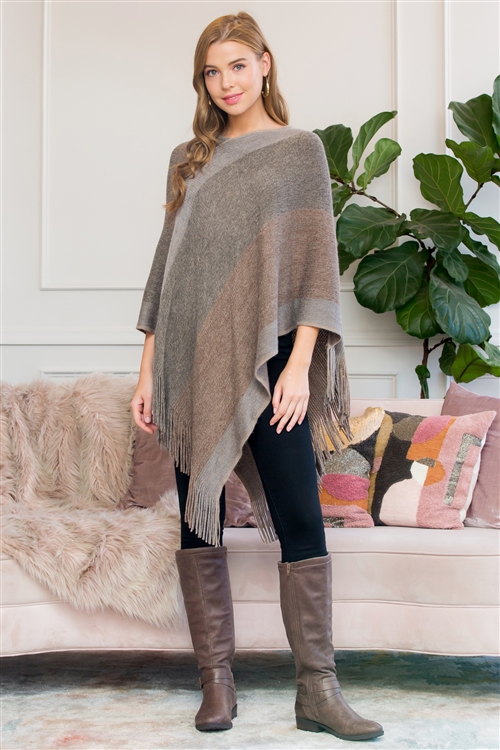 S27-4-1-HDF3004GY - GRAY THREE TONE FRINGE PONCHO/6PCS