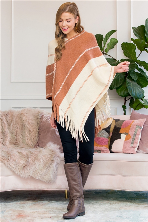 S25-8-6-HDF3007BR BROWN TWO TONE CHAIN PATTERN FRINGE PONCHO/6PCS