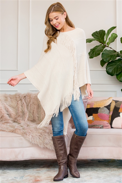 S2-10-5-HDF3008BG BEIGE ASYMMETRIC FRINGE PONCHO/6PCS (NOW $5.75 ONLY!)