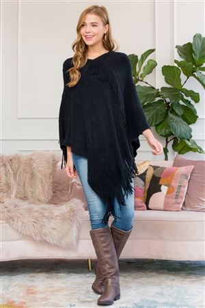 S2-4-4-HDF3008BK-1 BLACK ASYMMETRIC FRINGE PONCHO/1PC