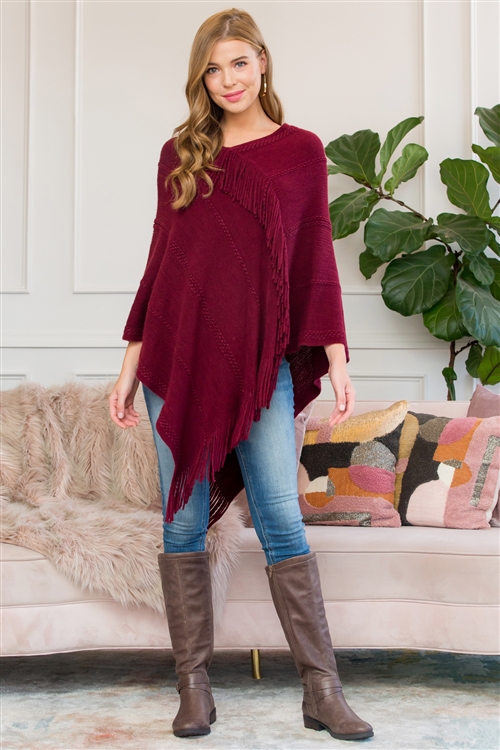 S21-5-1-HDF3008BU BURGUNDY ASYMMETRIC FRINGE PONCHO/6PCS