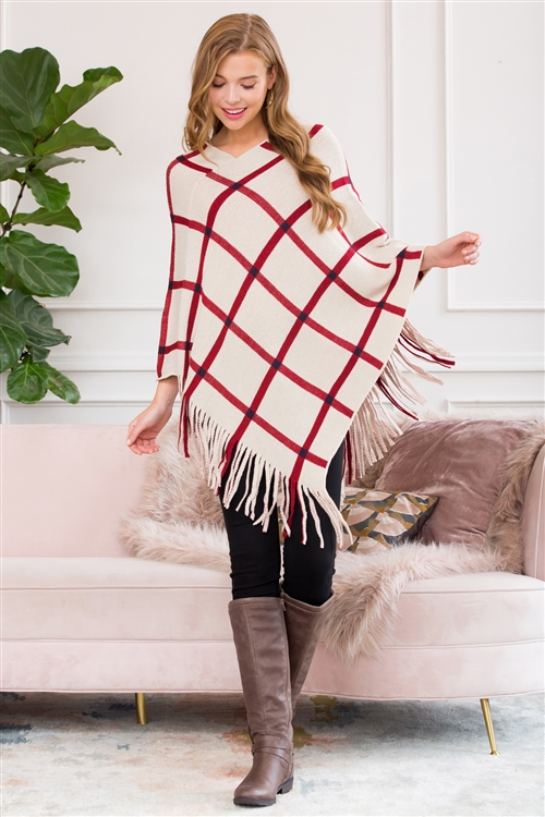 S2-7-5-HDF3010BG BEIGE GRIDLINES FRINGED PONCHO/6PCS(NOW $4.25 ONLY!)