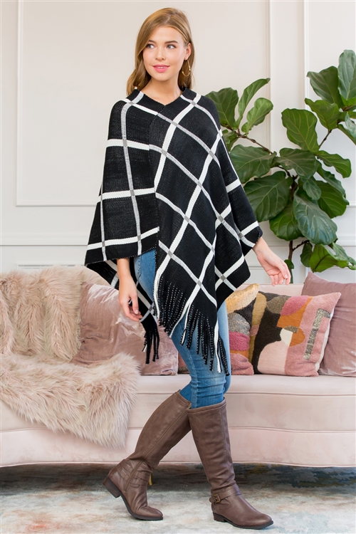 S2-7-5-HDF3010BK BLACK GRIDLINES FRINGED PONCHO/6PCS(NOW $4.25 ONLY!)