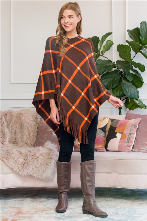 S2-7-5-HDF3010BR BROWN GRIDLINES FRINGED PONCHO/6PCS(NOW $4.25 ONLY!)