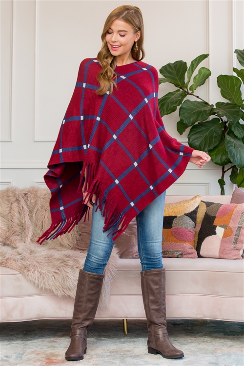 S1-4-1-HDF3010BU BURGUNDY GRIDLINES FRINGED PONCHO/6PCS (NOW $4.25 ONLY!)