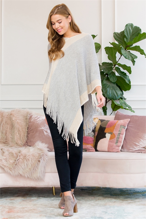 S3-4-5-HDF3011BG BEIGE TWO TONE FRINGE PONCHO/6PCS