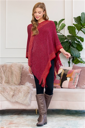 S3-5-4-HDF3011RD-1 RED TWO TONE FRINGE PONCHO/1PC