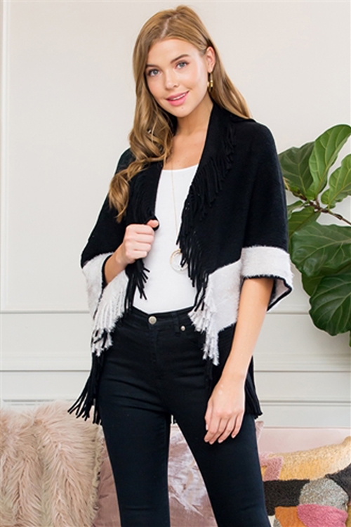 S1-5-2-HDF3013BK BLACK TWO TONE FRINGE CARDIGAN/6PCS