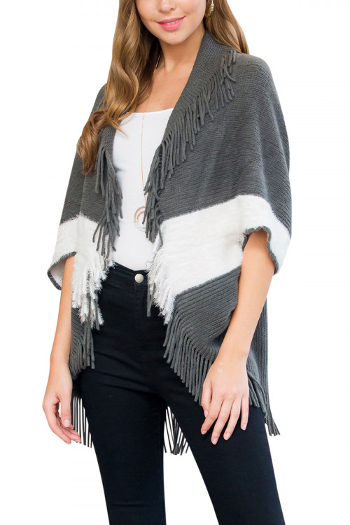 S1-7-5-HDF3013GY GRAY TWO TONE FRINGE CARDIGAN/6PCS