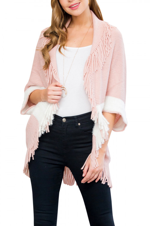 S1-8-3-HDF3013PK PINK TWO TONE FRINGE CARDIGAN/6PCS