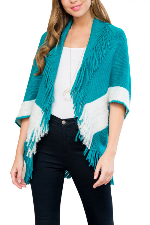 S1-7-1-HDF3013TL TEAL TWO TONE FRINGE CARDIGAN/6PCS