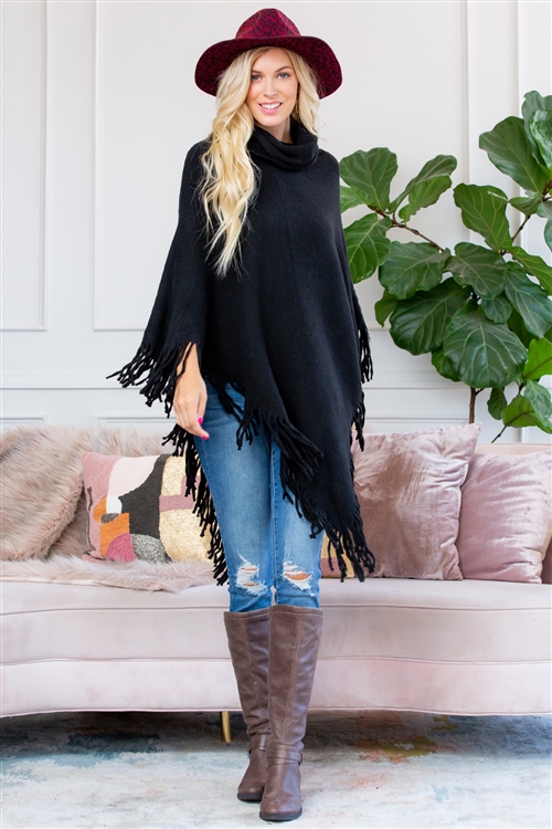 S1-5-5-HDF3014BK BLACK TURTLE NECK FRINGE PONCHO/6PCS