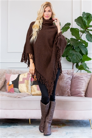 S2-4-5-HDF3014BR BROWN TURTLE NECK FRINGE PONCHO/6PCS