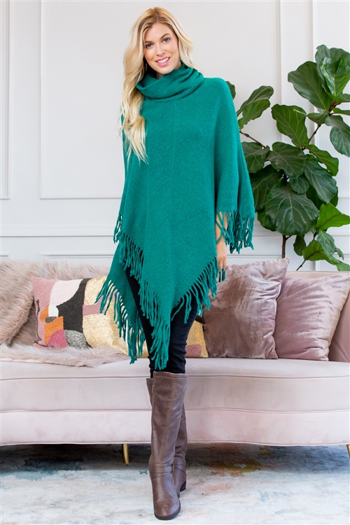 S1-5-5-HDF3014DEM GREEN TURTLE NECK FRINGE PONCHO/6PCS