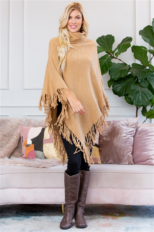 S1-5-5-HDF3014KAKI KHAKI TURTLE NECK FRINGE PONCHO/6PCS