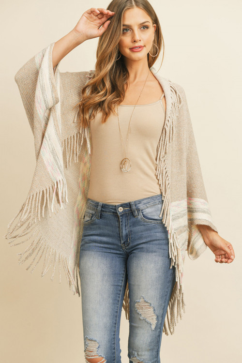 S19-5-5-HDF3072BG BEIGE FRINGE STRIPE OPEN FRONT KIMONO/6PCS