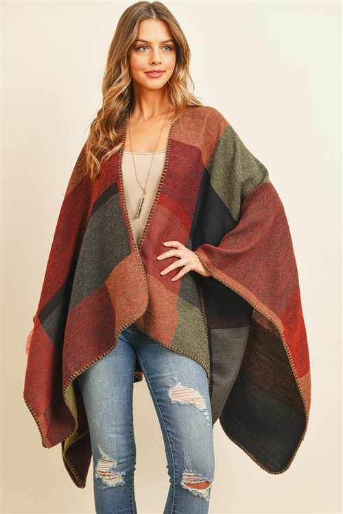 S20-8-4-HDF3151BR-PLAID OPEN FRONT KIMONO-BROWN/6PCS