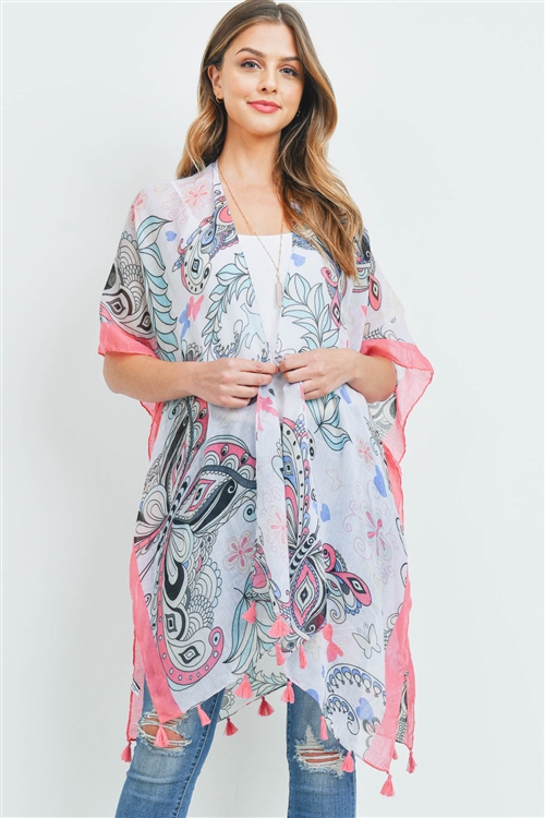 S19-9-1-HDF3367-PAISLEY  BUTTERFLY OPEN FRONT TASSEL KIMONO - PINK/6PCS