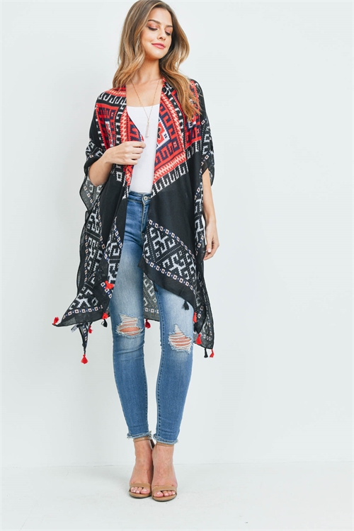 S22-4-4-HDF3369BK-BOHEMIAN OPEN FRONT TASSEL KIMONO-BLACK/6PCS