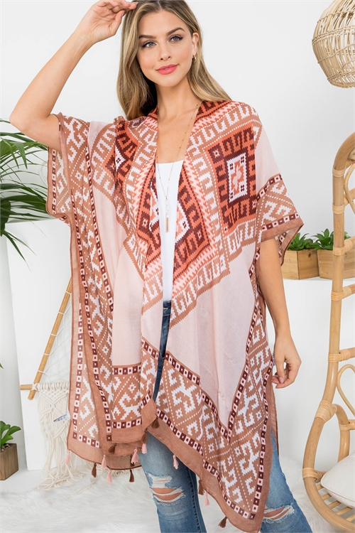 S23-4-4-HDF3369BR - BOHEMIAN OPEN FRONT TASSEL KIMONO-BROWN/6PCS