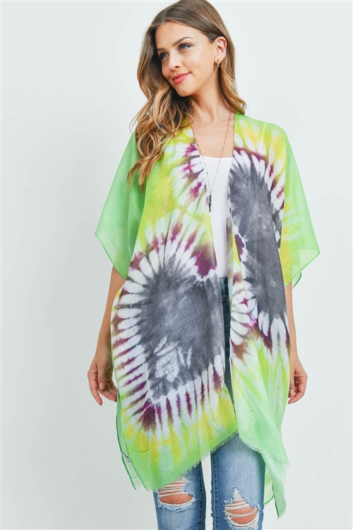 S25-4-2-HDF3370GR-TIE DYE OPEN FRONT KIMONO - GREEN/6PCS