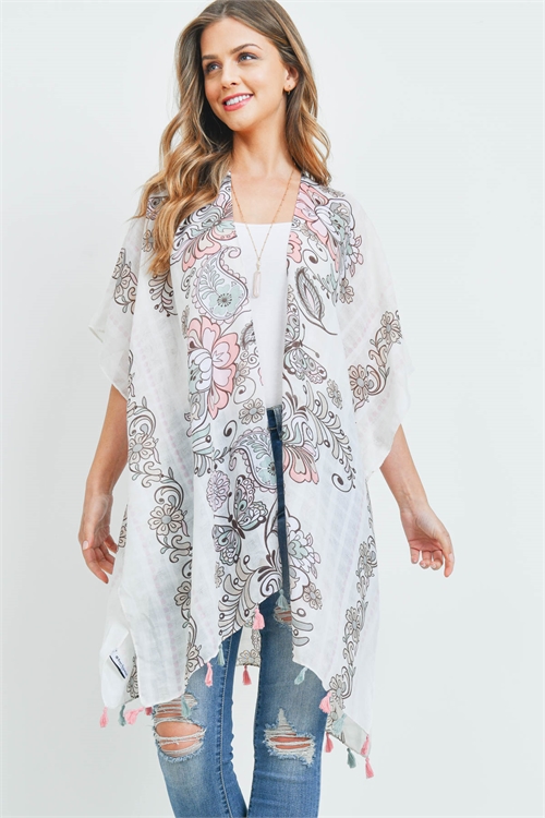 S28-2-4-HDF3371-FLORAL PRINT OPEN FRONT TASSEL KIMONO-IVORY/6PCS (NOW $4.25 ONLY!)
