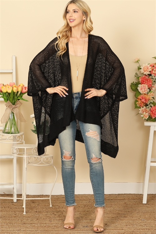 S2-5-1-HDF3460BK - CROCHET MESH KIMONO CARDIGAN - BLACK  /6PCS