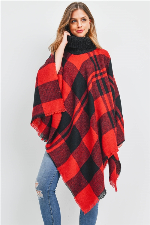 S22-12-5-HDF3463RD - PLAID KNITTED TURTLEKNECK PONCHO - RED/6PCS (NOW $ 6.75 ONLY!)