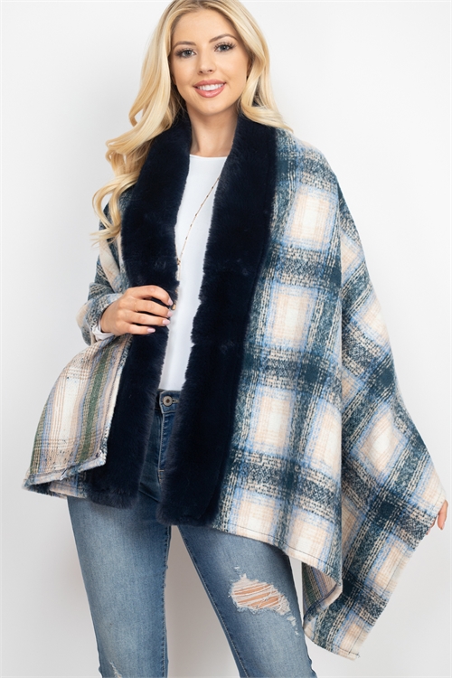 S29-5-2-HDF3476BL - TRIM FUR PLAID RUANA WRAP SCARF - BLUE/6PCS