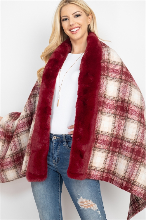 S20-1-3-HDF3476RD - TRIM FUR PLAID RUANA WRAP SCARF - RED/6PCS