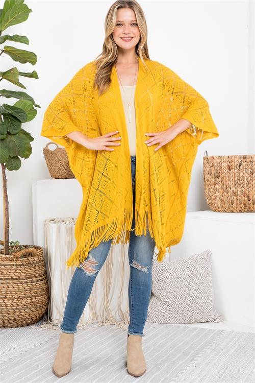 S26-4-2-HDF3481MU - CROCHET DIAMOND PATTERN FRINGE RUANA KIMONO - MUSTARD/6PCS