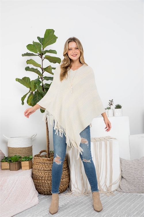 S23-11-6-HDF3485IV - KNITTED FRINGE STRIPE PONCHO - IVORY/6PCS