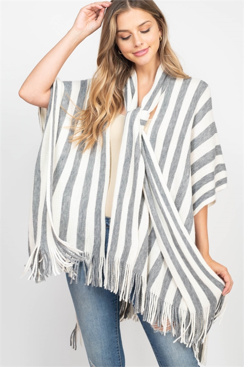 S21-12-6-HDF3488IV - STRIPE OPEN FRONT FRINGE KIMONO W/ MATCHING SCARF - IVORY /6PCS