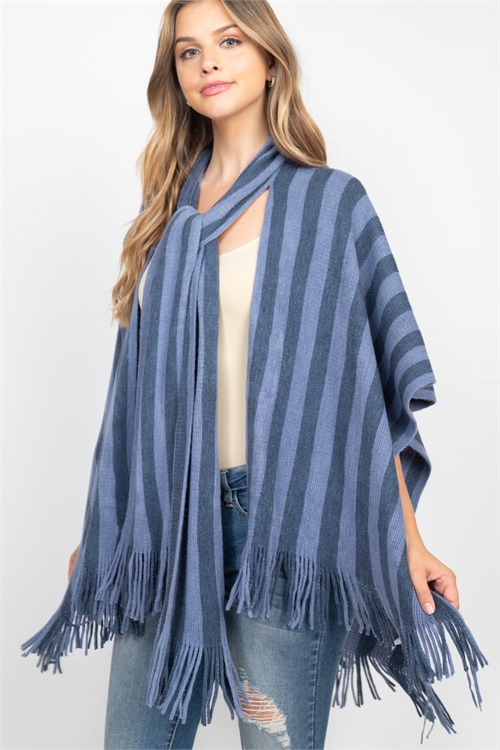 S21-12-6-HDF3488LBL - STRIPE OPEN FRONT FRINGE KIMONO W/ MATCHING SCARF - LIGTH BLUE/6PCS