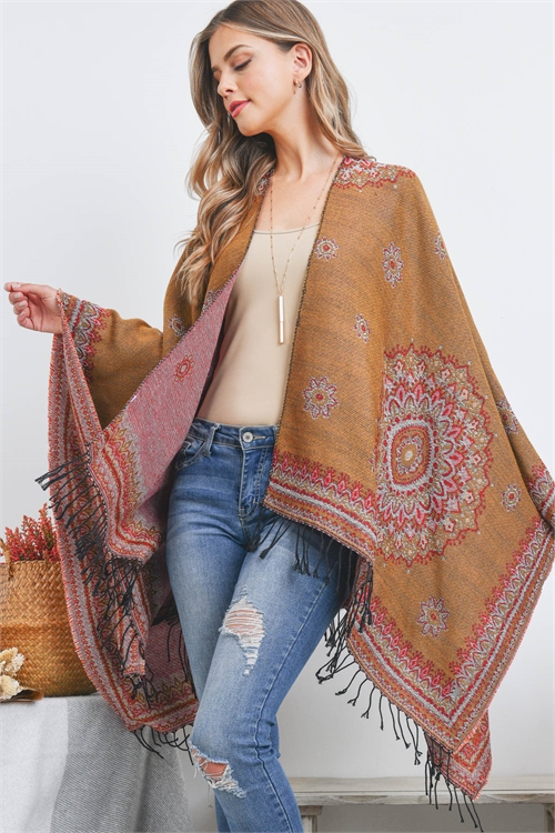 S25-7-6-HDF3518LBR - OPEN FRONT MANDALA  PRINT RUANA WRAP KIMONO - LIGHT BROWN/6PCS