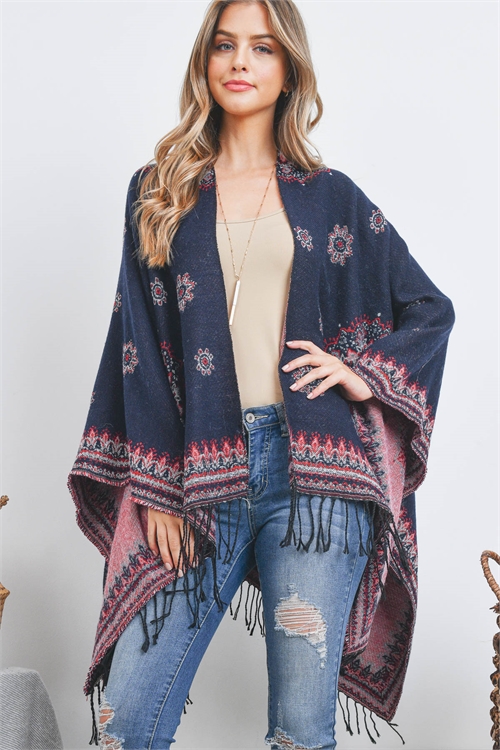 S25-7-6-HDF3518NV - OPEN FRONT MANDALA  PRINT RUANA WRAP KIMONO - NAVY/6PCS