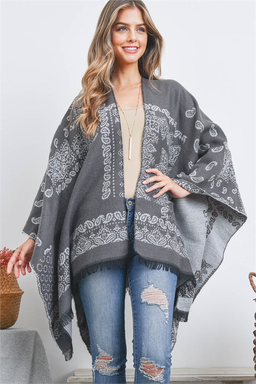 S19-10-6-HDF3523 - PAISLEY PRINT RUANA WRAP KIMONO - BLACK/6PCS