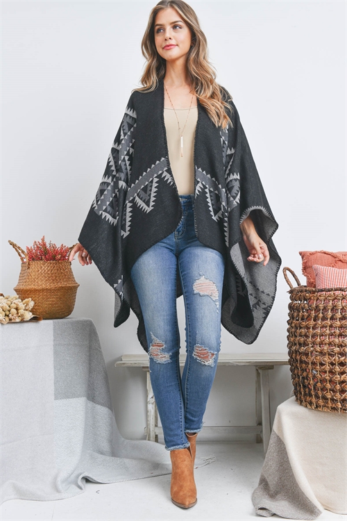 S21-9-6-HDF3526 - OPEN FRONT GEOMETRIC TRIANGLE PRINT RUANA WRAP KIMONO-BLACK/6PCS  (NOW $7.75 ONLY!)