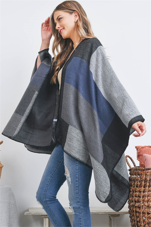 S25-6-6-HDF3527GY - OPEN FRONT GEOMETRIC RECTANGEL PRINT RUANA WRAP KIMONO-GRAY/6PCS (NOW $ 7.75 ONLY!)