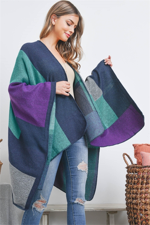 S25-6-6-HDF3527PU - OPEN FRONT GEOMETRIC RECTANGEL PRINT RUANA WRAP KIMONO-PURPLE /6PCS (NOW $7.75 ONLY!)