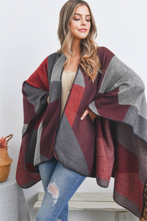 S19-7-6-HDF3533BU - OPEN FRONT GEOMETRIC SHAPE PRINT RUANA WRAP KIMONO - BURGUNDY/6PCS