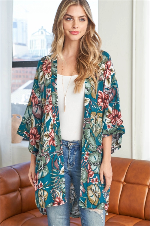 S2-6-3-HDF3589 - TROPICAL FLORAL PRINT OPEN FRONT BOHEMIAN KIMONO - TURQUOISE BLUE/6PCS