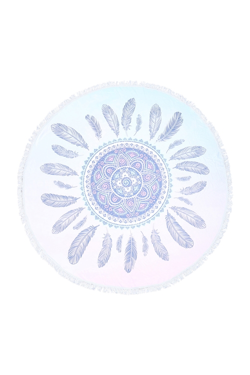 S22-9-1-HDF3629 - MANDALA  FEATHER MICROFIBER ROUND TAPESRY SUMMER BEACH TOWEL - LIGHT BLUE/1PC