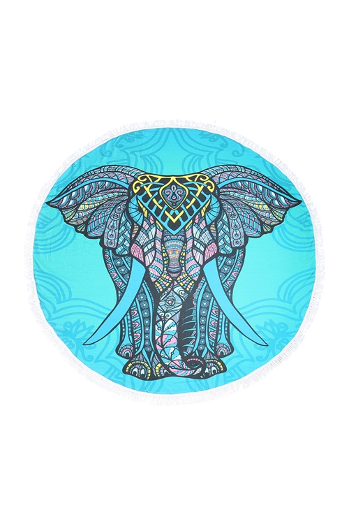 S11-9-1-HDF3630 - MANDALA  ELEPHANT MICROFIBER ROUND TAPESRY SUMMER BEACH TOWEL - TURQUOISE/1PC