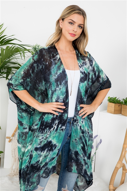 S18-7-2-HDF3648GL - TIE DYE BOHEMIIAN OPEN FRONT KIMONO - GREEN/6PCS