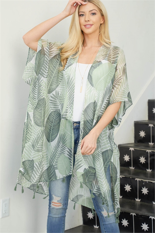 S29-2-3-HDF3650 - TROPICAL LEAF BOHO PRINT OPEN FRONT KIMONO - OLIVE/6PCS