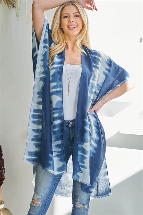 S28-9-3-HDF3653NV - TIE DYE WAVE PATTERN OPEN FRONT KIMONO -  NAVY/6PCS